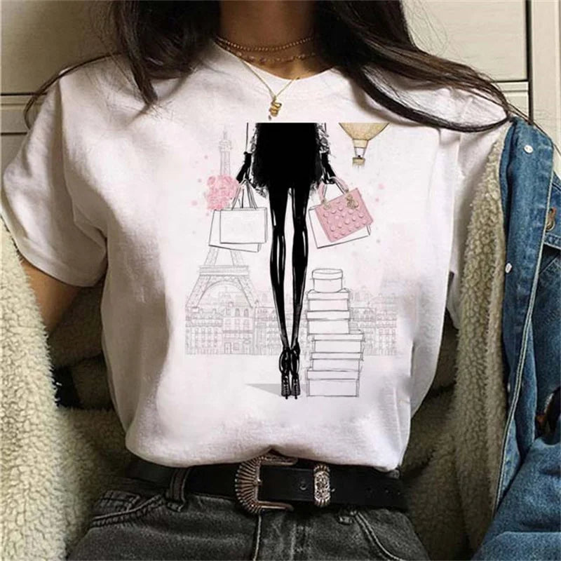 Модна тениска с щампа за пътуване до Париж, дамски принт, тениски, ежедневни, с кръгло деколте, къс ръкав, тениска с голям размер, улично облекло за ежедневно носене