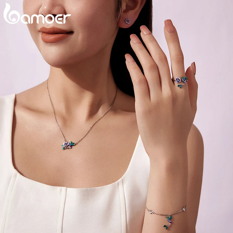 Комплект бижута Bamoer от стерлингово сребро 925 с живи цветя, лилави флорални обеци за жени, ярък пролетен парти подарък