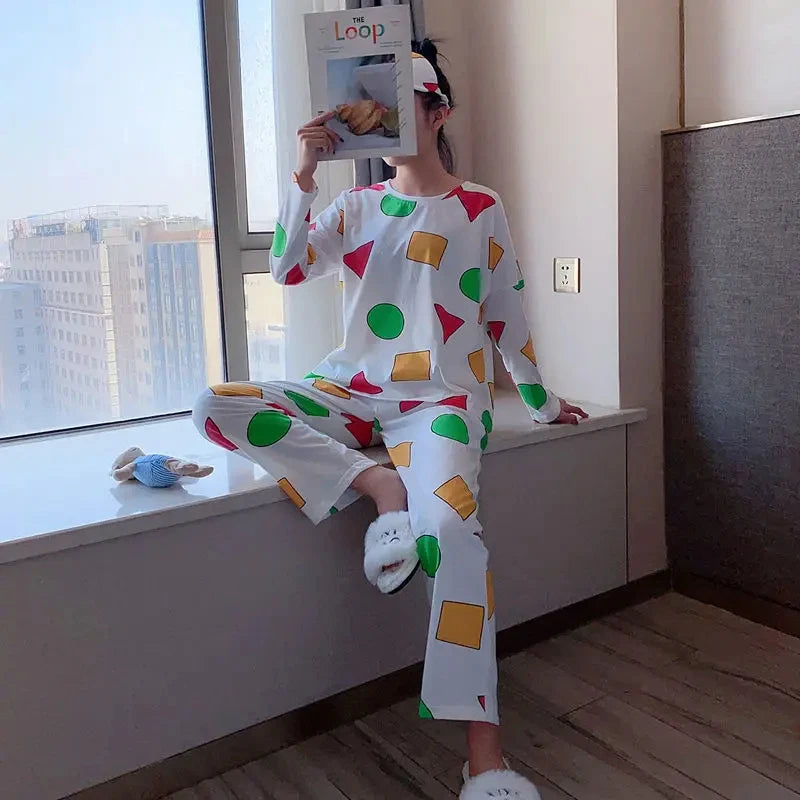 Комплект памучни есенни панталони с дълъг ръкав, японски пижами за двойки