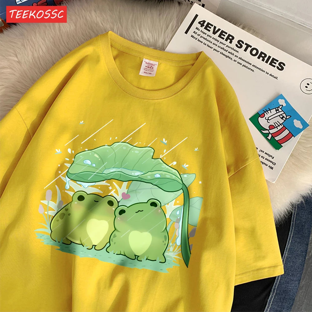 Модни памучни дамски тениски с къс ръкав и принт с две жаби, подслон от дъжда, меки, широки, с О-образно деколте, улични дамски дрехи