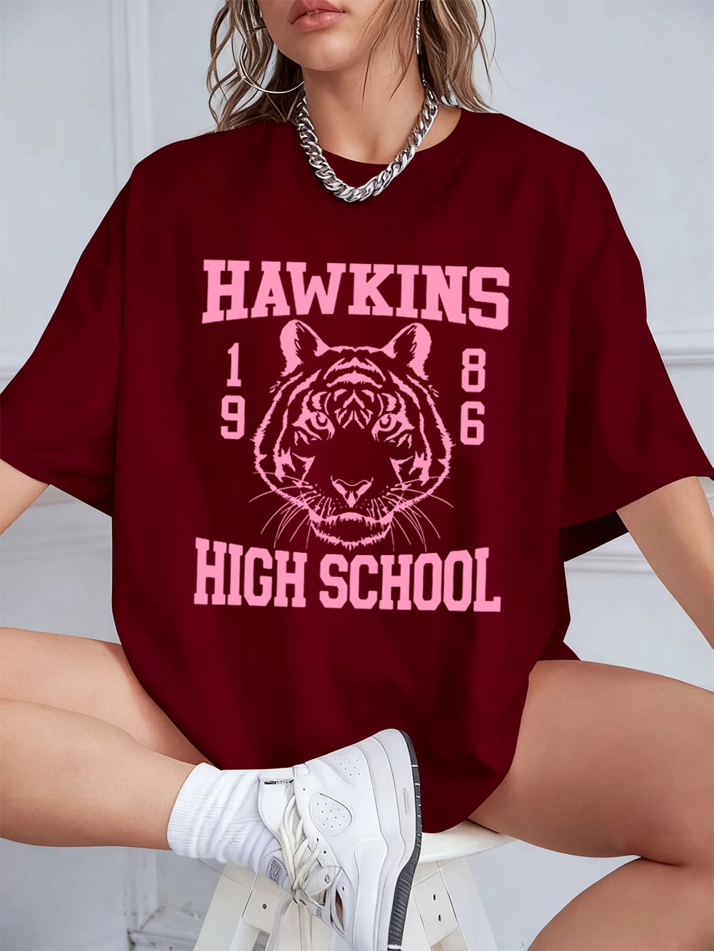 Памучни тениски с щампи на Hawkins за жени, летни топове с къс ръкав, улична тениска с О-образно деколте, големи размери, ежедневни дамски дрехи