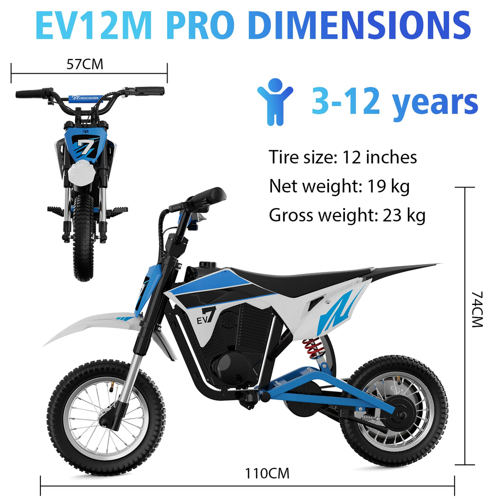 Детски електрически мотоциклет EVERCROSS TECH EV12M Pro - 300W, 25 км/ч, 15 км живот на батерията, Bluetooth и LED 12-инчови гуми