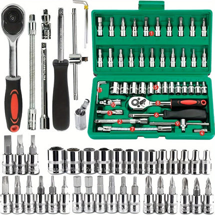 46 бр. Family Tools Комплект инструменти за механик 1/4 за авторемонт с вложки Метричен шестостенен комплект вложки, инчов тресчотка