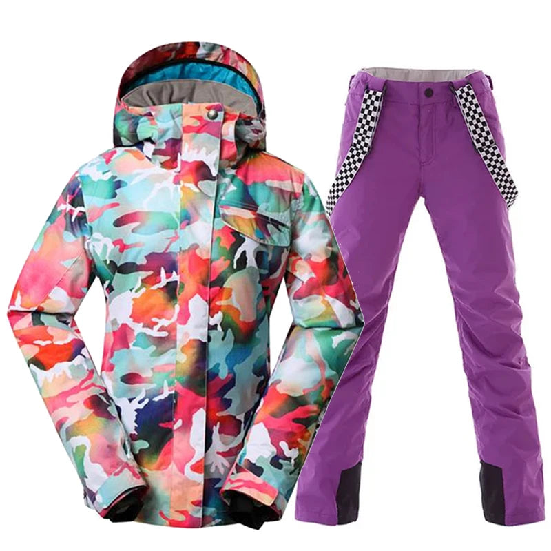 Комплекти за сноуборд за жени, Спортове на открито, Ски облекло, Водоустойчиво, Зимно облекло, Якета и панталони, Камуфлаж, Момиче