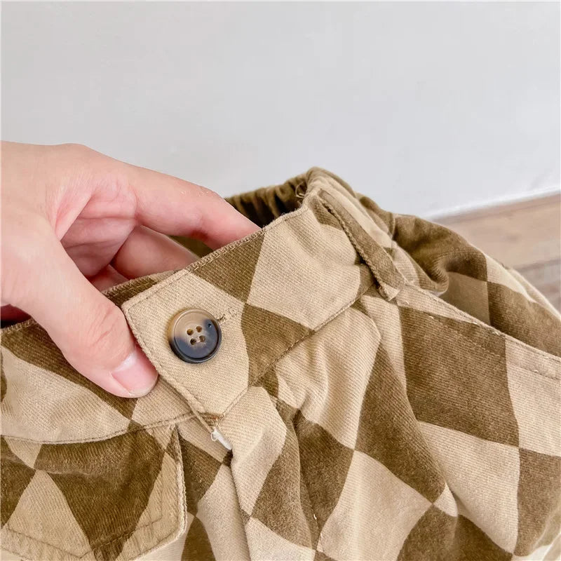 2025 Винтидж кариран дизайн, японски модерни ежедневни панталони с широка кройка за малко момиченце за 1-7 години, изпрани памучни панталони-харем