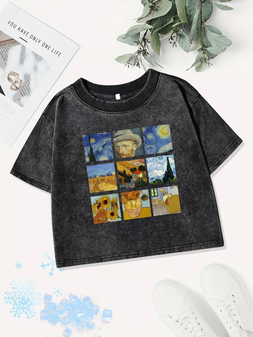 Памучни къси топове за жени, тениска с щампи на Ван Гог „Звездна нощ“, слънчогледи и щампи, изпрана, Y2K O-образно деколте, нормална кройка, летни дрехи