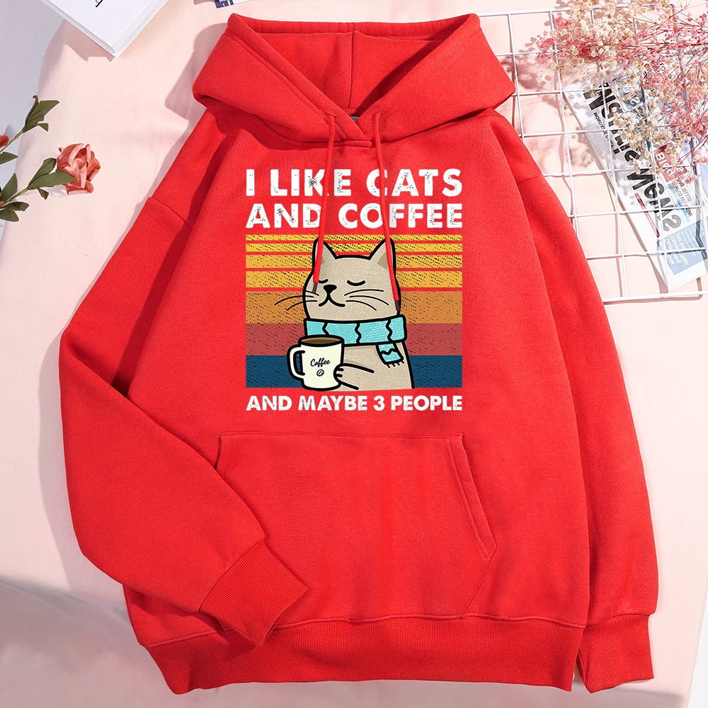Харесвам котки и кафе суитчъри за мъже, жени, модни дрехи с кръгло деколте, свободни полар, нови суитчъри с качулки, уличен пуловер, мъжки суитчър