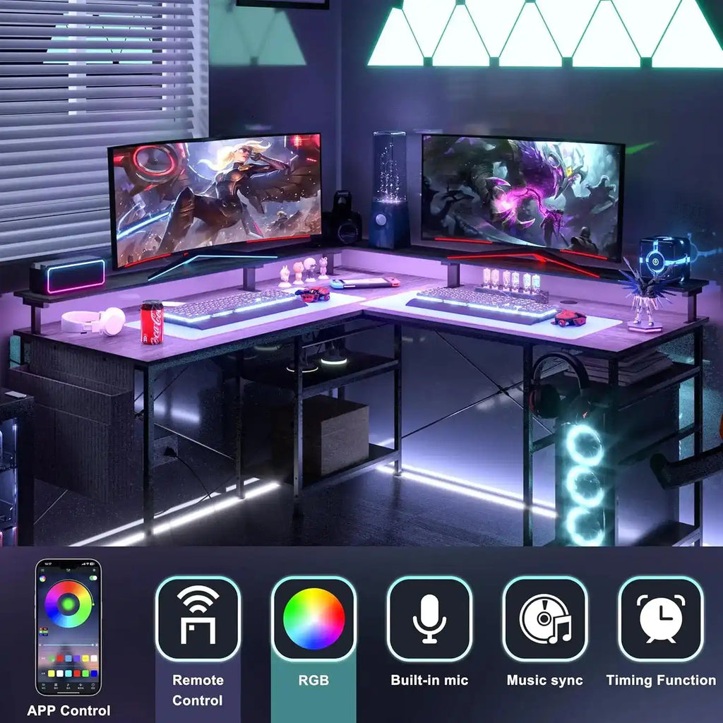 L-образно бюро, компютърна маса с контакт за рафт, USB LED RGB, геймърска офис маса, сива/черна