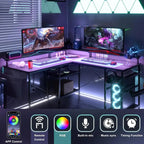 L-образно бюро, компютърна маса с контакт за рафт, USB LED RGB, геймърска офис маса, сива/черна
