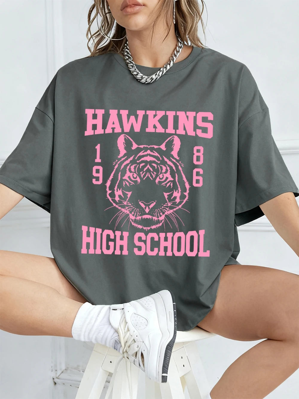 Памучни тениски с щампи на Hawkins за жени, летни топове с къс ръкав, улична тениска с О-образно деколте, големи размери, ежедневни дамски дрехи