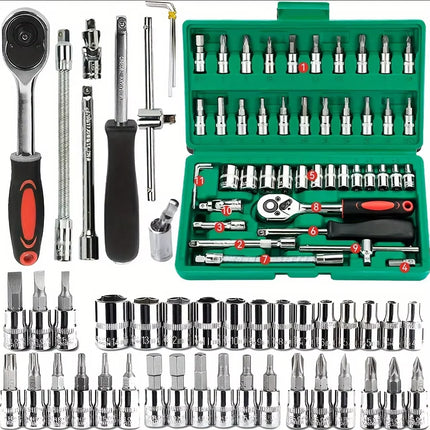 46 бр. Family Tools Комплект инструменти за механик 1/4 за авторемонт с вложки Метричен шестостенен комплект вложки, инчов тресчотка