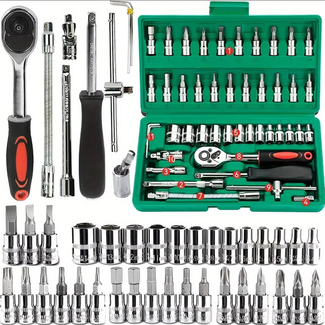 46 бр. Family Tools Комплект инструменти за механик 1/4 за авторемонт с вложки Метричен шестостенен комплект вложки, инчов тресчотка