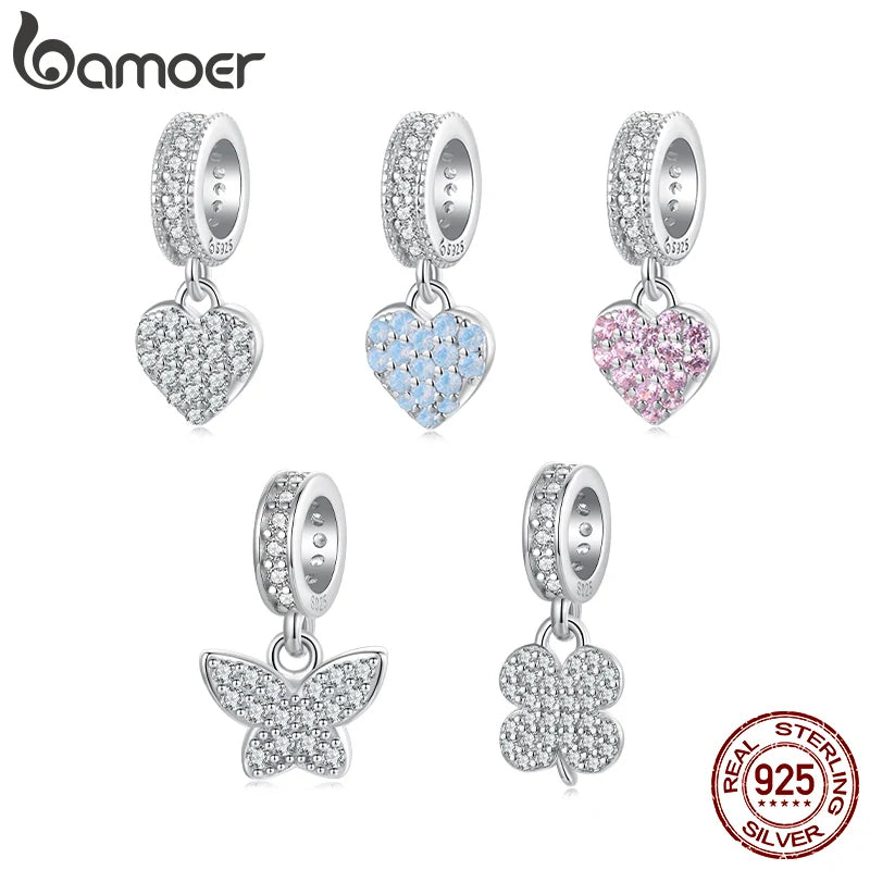 Bamoer 925 стерлингово сребро, изцяло розово-синьо, циркониево сърце, висулка, мини мъниста с четирилистна детелина за жени и момиче, направи си сам, сладък подарък за бижута