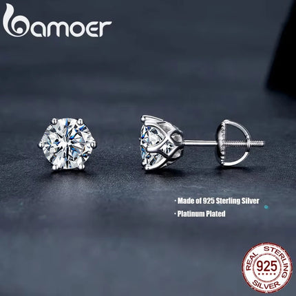 Класически обеци BAMOER с моасанит, сребро S925, 6 зъба, цвят D, кръгло шлифовано, лабораторно създадени диаманти, сватбени обеци от 18k злато