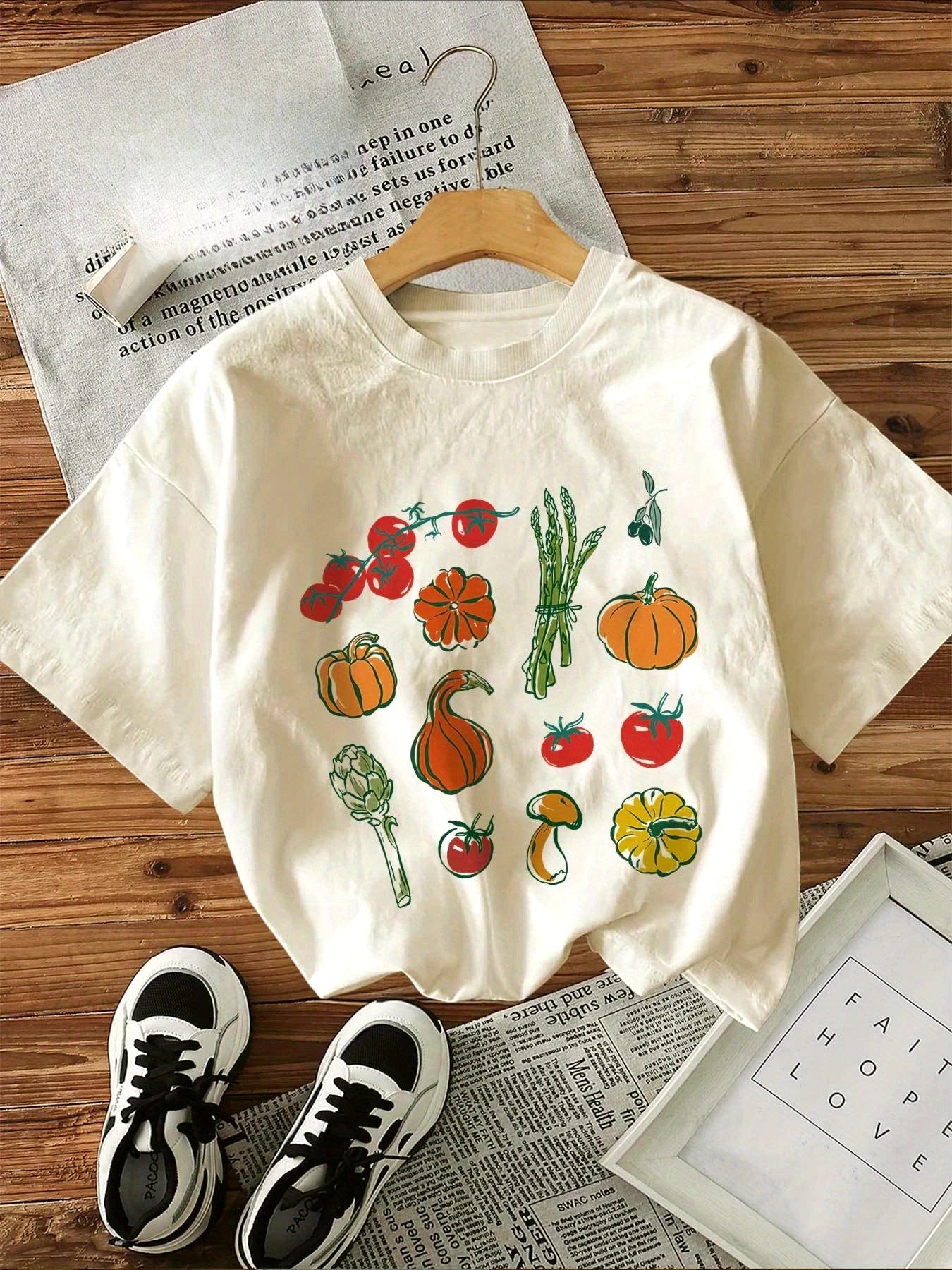 Дамска ежедневна тениска с кръгло деколте и цветен принт на зеленчуци и плодове с къс ръкав за лятно облекло