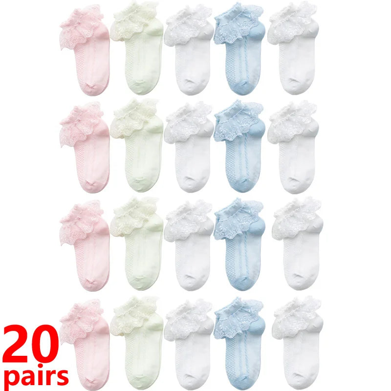 10/20 чифта/партия Детски чорапи за момичета, дантелени, с волани, принцеса, мрежести, детски къси, дишащи, памучни, бели, розови, за малки деца