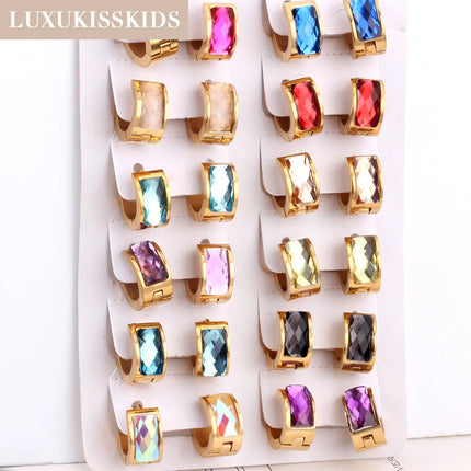 LUXUKISSKIDS Обеци от неръждаема стомана, микс от цветни луксозни бижута, уникални кръгли кристални златни клипсове, 12 чифта, на едро, arete