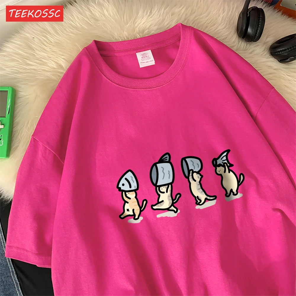 Четири малки котки, държащи рибен памук, дамски тениски с анимационни принтове, меки тениски с О-образно деколте, широки топове с къс ръкав, летни дрехи