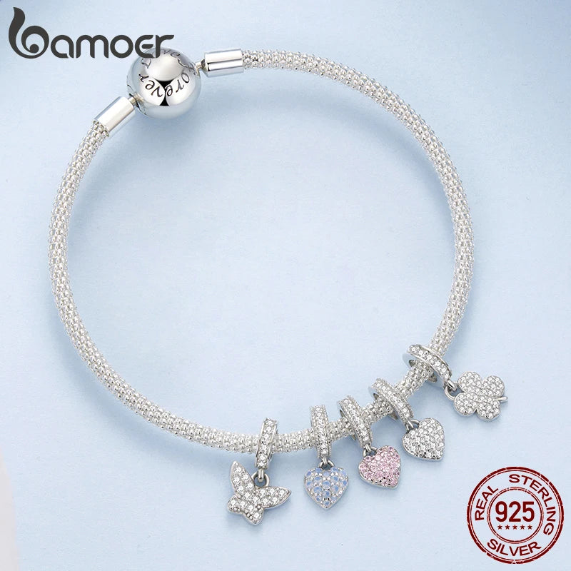 Bamoer 925 стерлингово сребро, изцяло розово-синьо, циркониево сърце, висулка, мини мъниста с четирилистна детелина за жени и момиче, направи си сам, сладък подарък за бижута