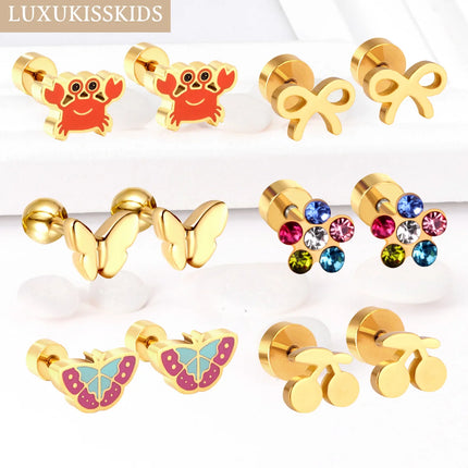 LUXUKISSKIDS Момичешки обеци от неръждаема стомана с череша, малки, семпли, модни, сладки цветни обеци, бижута с пеперуда и панделка
