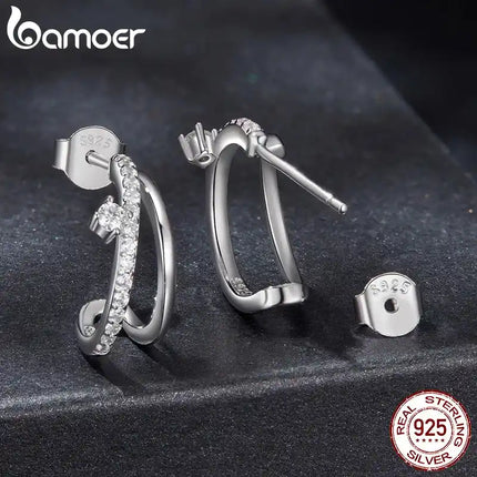 Обеци BAMOER с моисанит, двуслойни, с форма на халка, цвят D, кръгла шлифовка, сребро 925 за жени