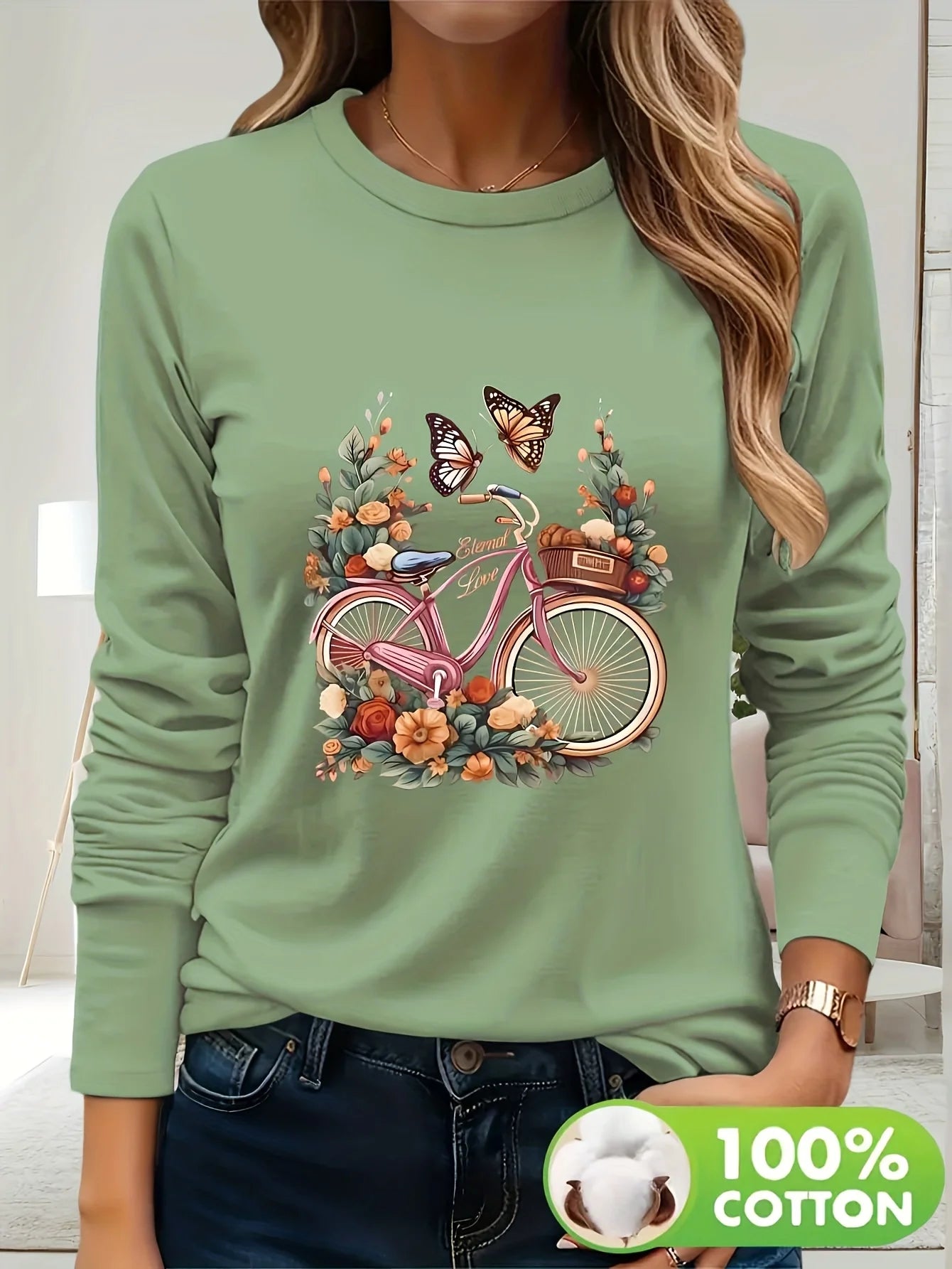 Дамска ежедневна тениска с дълъг ръкав, черна, с флорален принт на велосипеди и пеперуди, 100% памучен топ с кръгло деколте, за пролет/лято