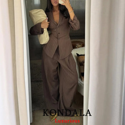 KONDALA Офис Дамски Шик Кафяви Костюми V Деколте Раирани Свободни Блейзъри Висока Талия Широки Панталони Модни Есенни Ежедневни Дамски Костюми