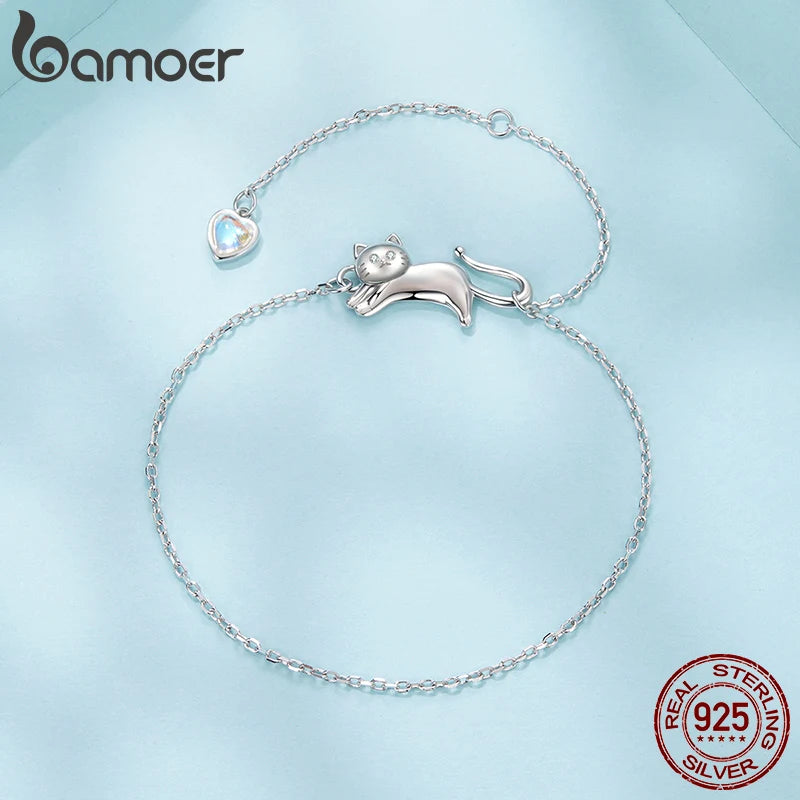 Bamoer 925 стерлингово сребро сладка котка гривна за домашни любимци регулируема верижка с мъниста от лунен камък за жени тийнейджъри семеен подарък