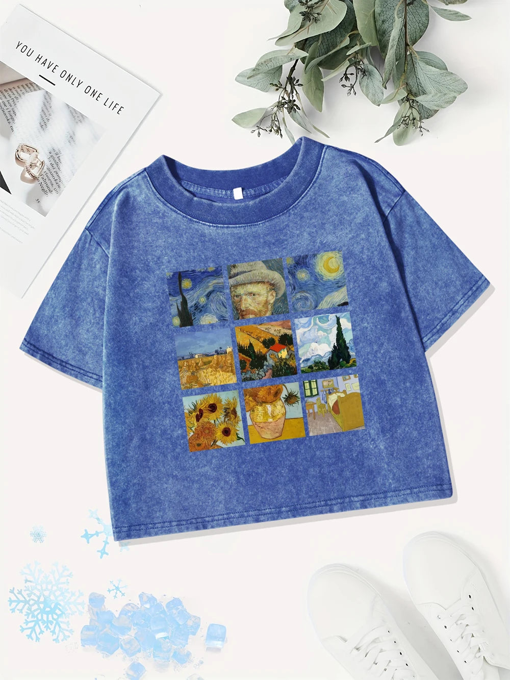 Памучни къси топове за жени, тениска с щампи на Ван Гог „Звездна нощ“, слънчогледи и щампи, изпрана, Y2K O-образно деколте, нормална кройка, летни дрехи