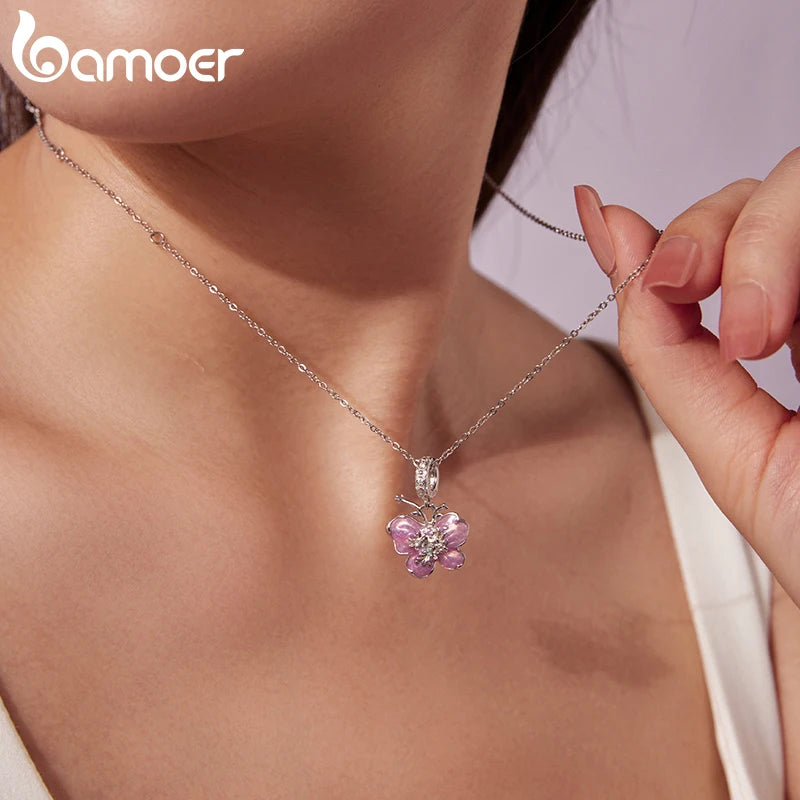 Bamoer 925 стерлингово сребро кристал розов пролетен чар цвете панделка дистанционер мъниста ретро висулка за жени DIY бижута романтичен подарък