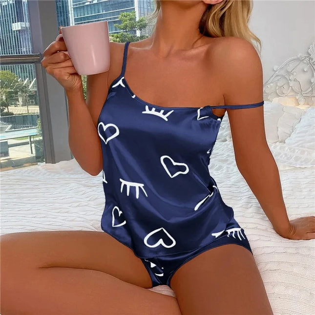 Дамска пижама от ледена коприна, комплект пижама, шорти, потник, размер L, XL, XXL, сив, розов, с ниско деколте, удобни, ежедневни, летни