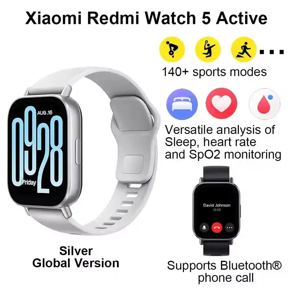 Xiaomi Redmi Watch 5 Active Smart Watch, Bluetooth разговори, 2" LCD дисплей, целодневен мониторинг на пулса и кислорода в кръвта