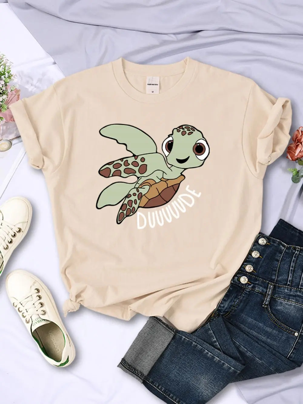 Прости дамски тениски, сладки анимационни костенурки с букви, щампи, топове с О-образно деколте, удобни меки тениски, летни ежедневни дамски дрехи