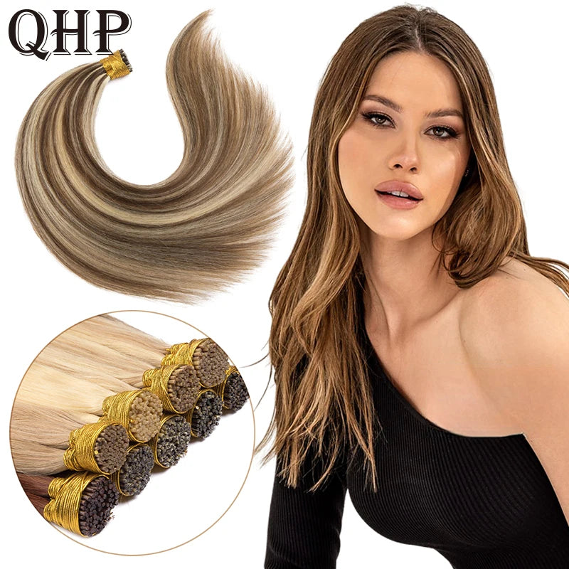 Прави екстеншъни за коса с I-образен връх, естествени екстеншъни за коса с фюжън, 50 броя/комплект, кератинови капсули, кафяво русо, цвят 12-26 инча