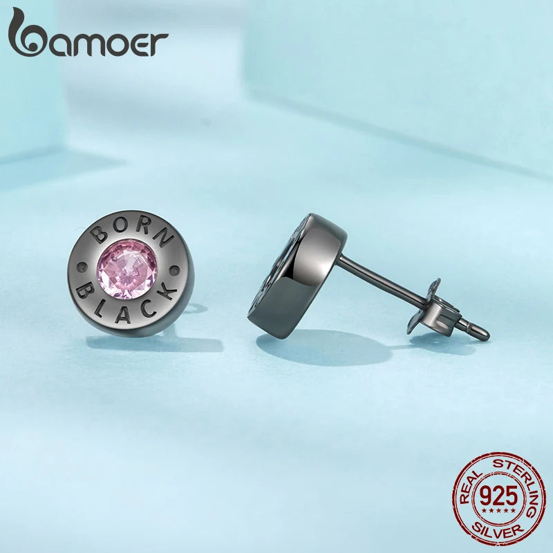 BAMOER Сребърни обеци 925, кръгли, черни, с розов циркон, хипоалергенни, за жени и момичета, пънк парти подарък