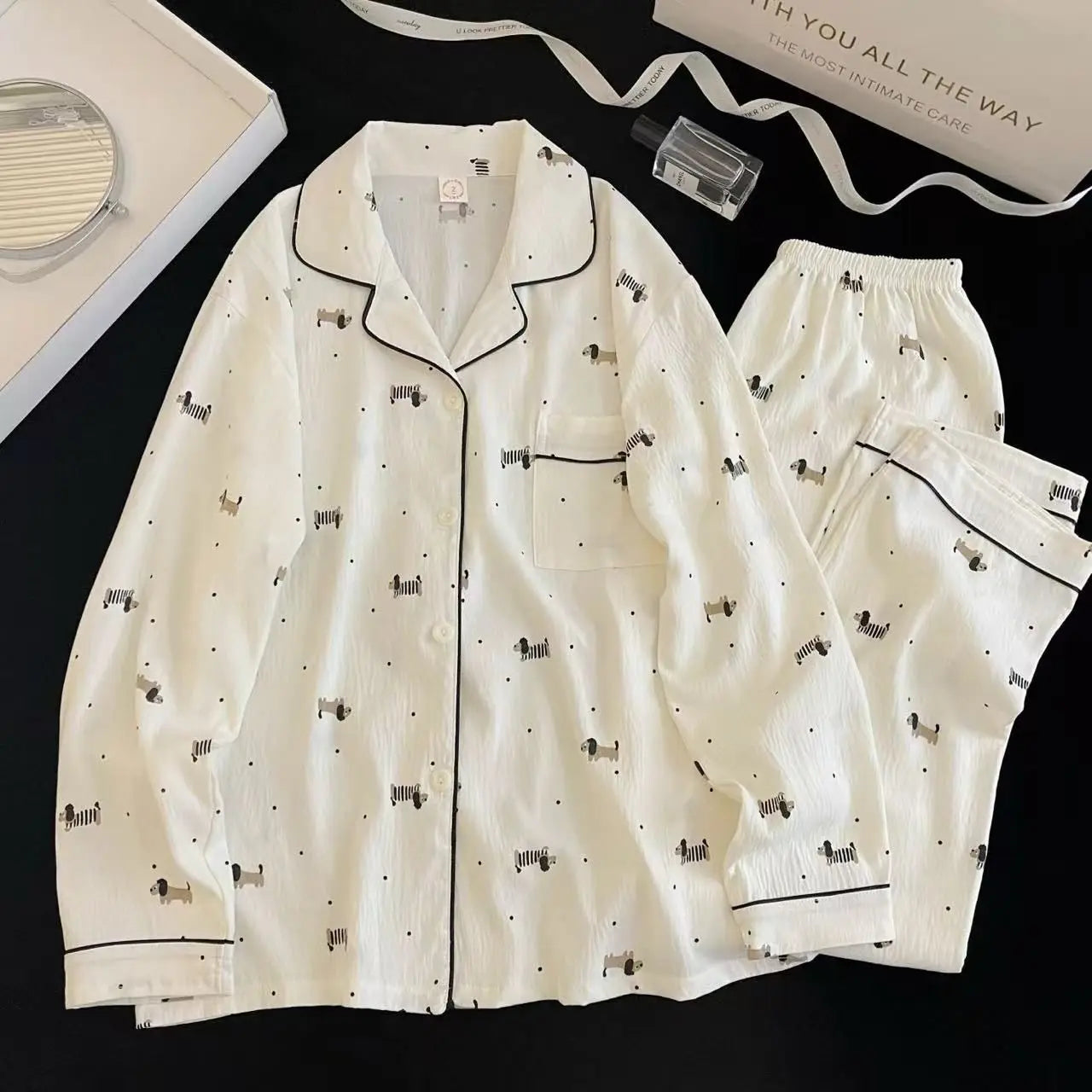 Дамски пижамен комплект с черешов принт, есенно-пролетен кариран принт, домашен комплект с дълъг ръкав, жилетка и панталон