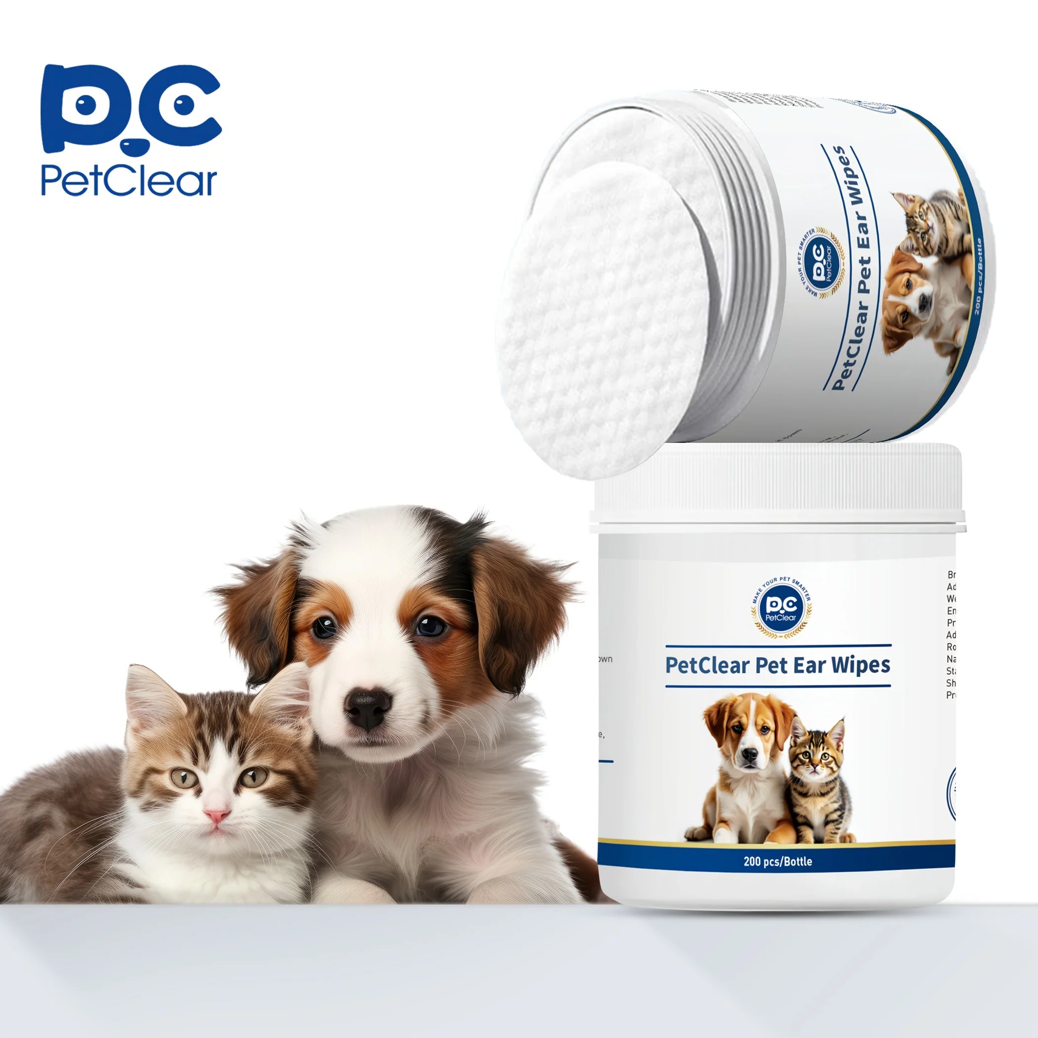 PetClear кърпички за уши за кучета и котки - пакет от 5 (общо 1000 броя), двустранни подложки за почистване на уши, нежни и безопасни