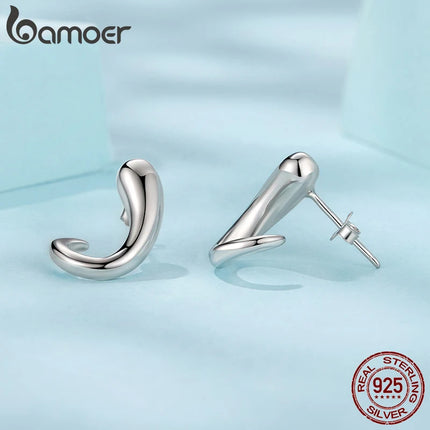 Сребърни обеци BAMOER 925, лъскави, с форма на капка, хипоалергенни, с кука, запетая, за жени, минималистичен метален подарък