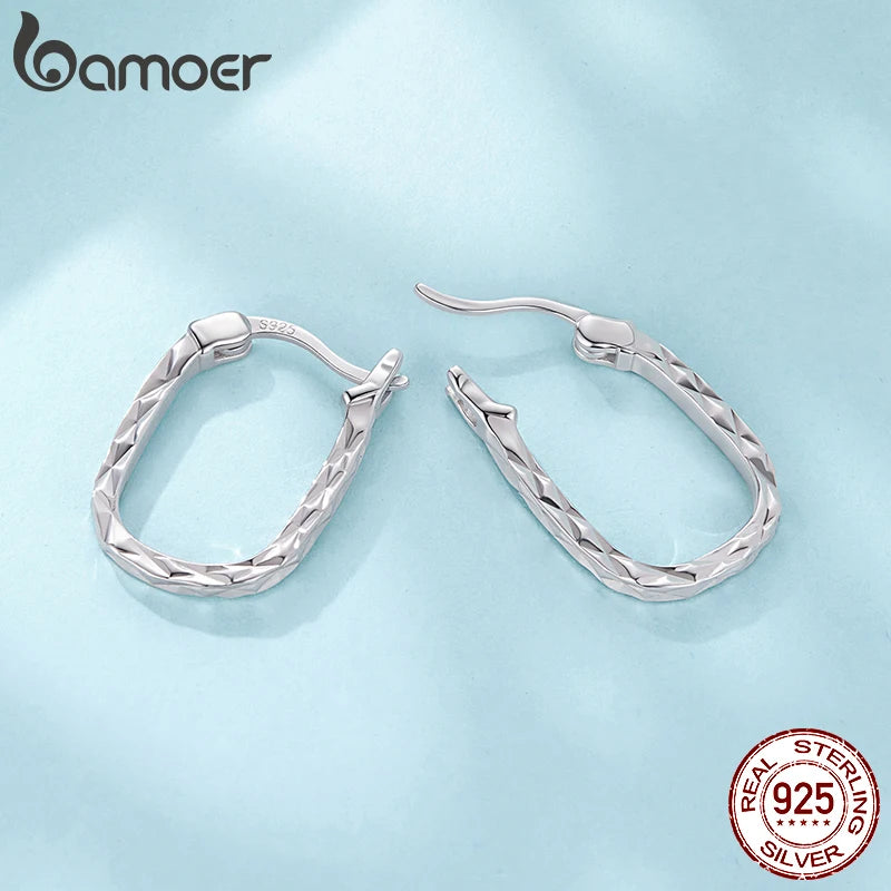 Сребърни обеци BAMOER 925 с резбовани флорални халки за жени, винтидж текстурирани овални квадратни обеци, минималистични бижута, подарък