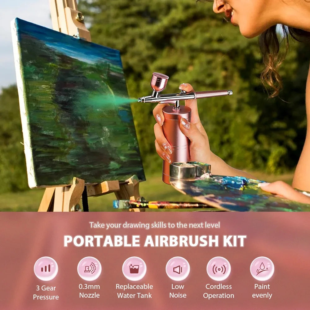 Комплект акумулаторен компресор за аерограф, пистолет за пръскане с въздушна четка, кислородна машина за дълбоко хидрофобно лице за нокти, татуировка, торта, грим