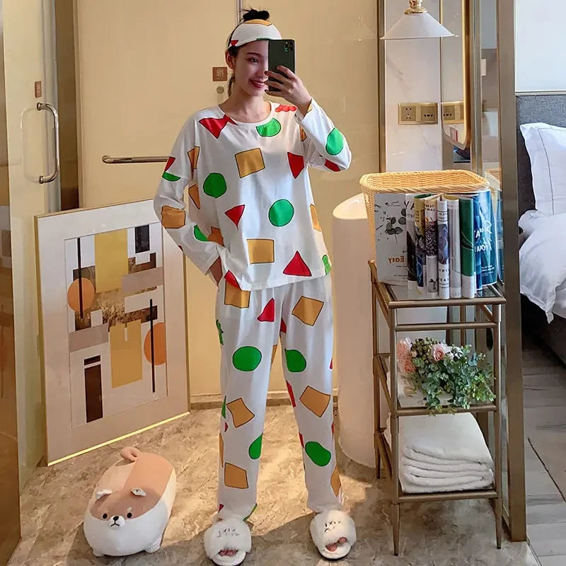 Комплект памучни есенни панталони с дълъг ръкав, японски пижами за двойки