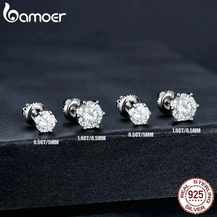 Класически обеци BAMOER с моасанит, сребро S925, 6 зъба, цвят D, кръгло шлифовано, лабораторно създадени диаманти, сватбени обеци от 18k злато