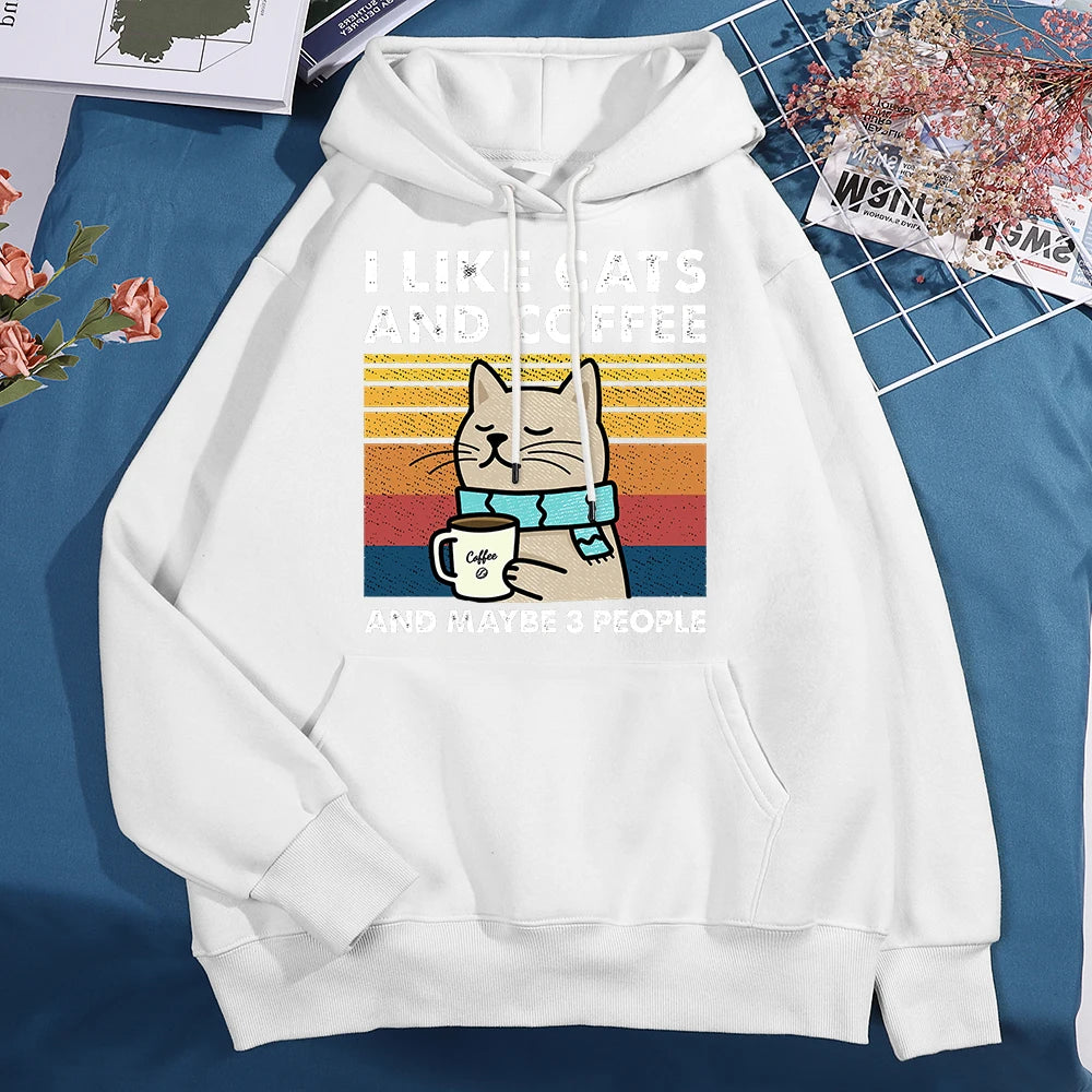 Харесвам котки и кафе суитчъри за мъже, жени, модни дрехи с кръгло деколте, свободни полар, нови суитчъри с качулки, уличен пуловер, мъжки суитчър