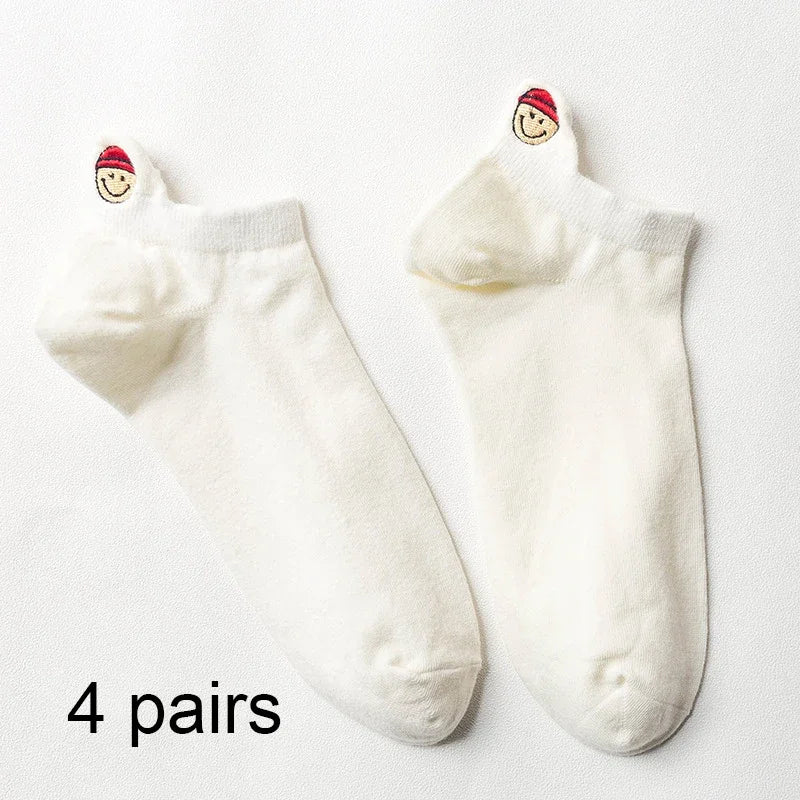Модни дамски чорапи, нови пролетни 2024 г., 4 чифта до глезена за момичета, памучни, цветни, новост, дамски, сладки, със сърце, ежедневни, забавни чорапи