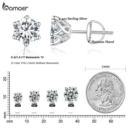 Класически обеци BAMOER с моасанит, сребро S925, 6 зъба, цвят D, кръгло шлифовано, лабораторно създадени диаманти, сватбени обеци от 18k злато