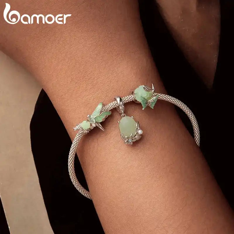 BAMOER Плътно сребро 925, зелено импресия, талисман „Водно конче“, подходящ за оригинална гривна „Направи си сам“ за бижута, аксесоари, мъниста bamoer