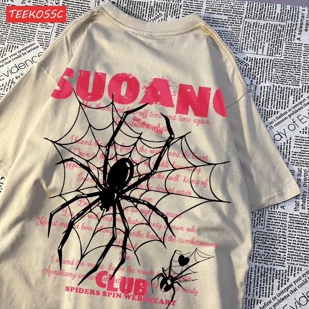 Модни памучни дамски тениски Suo Ang Club Spider Print Tops Oversize O-neck Soft Short Sleeve Summer Casual Damske Dress